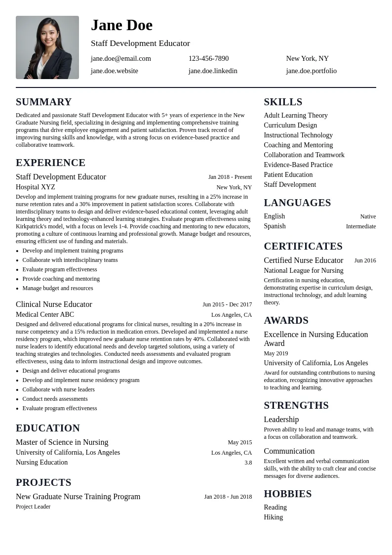 Staff Development Educator resume example