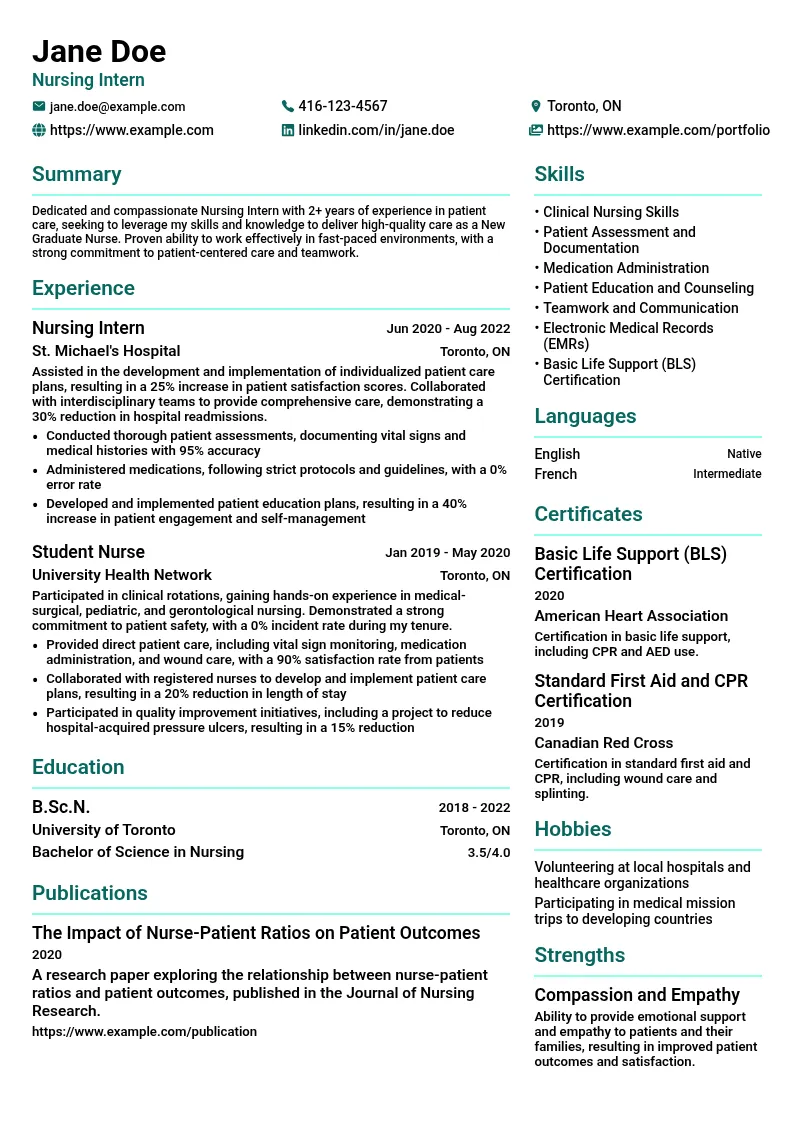 Nursing Intern resume example