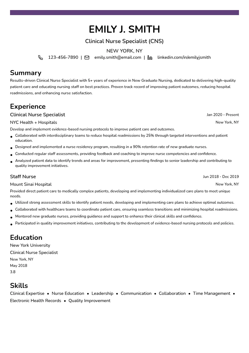 Clinical Nurse Specialist (CNS) resume example