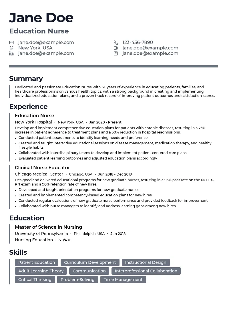 Education Nurse resume example