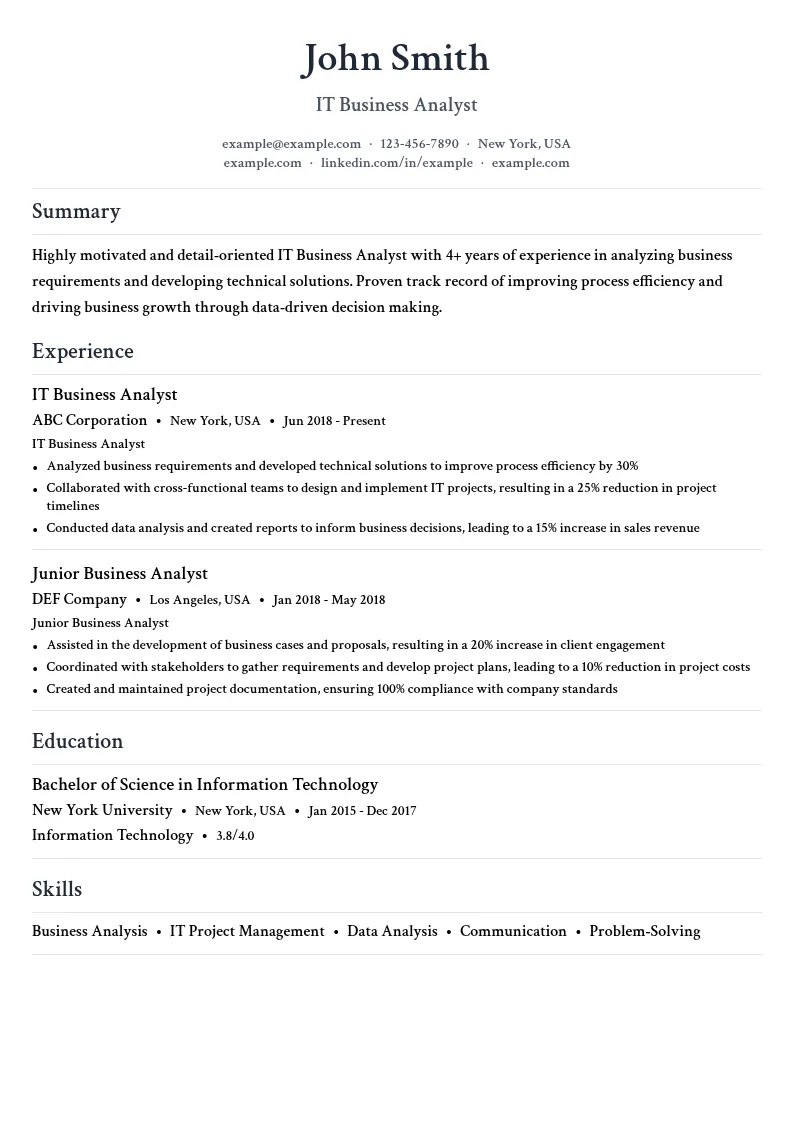 IT Business Analyst resume example