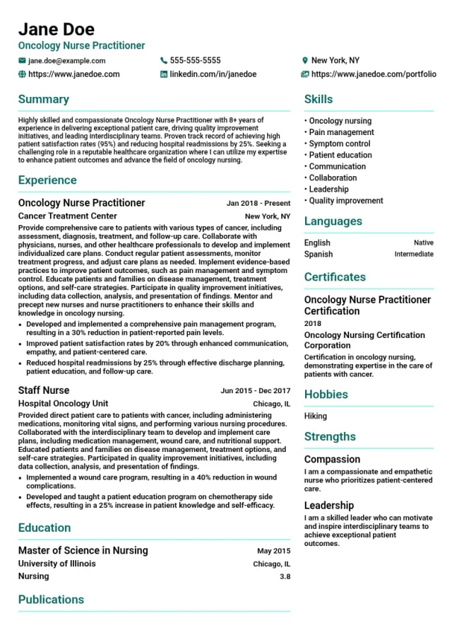Oncology Nursing resume example