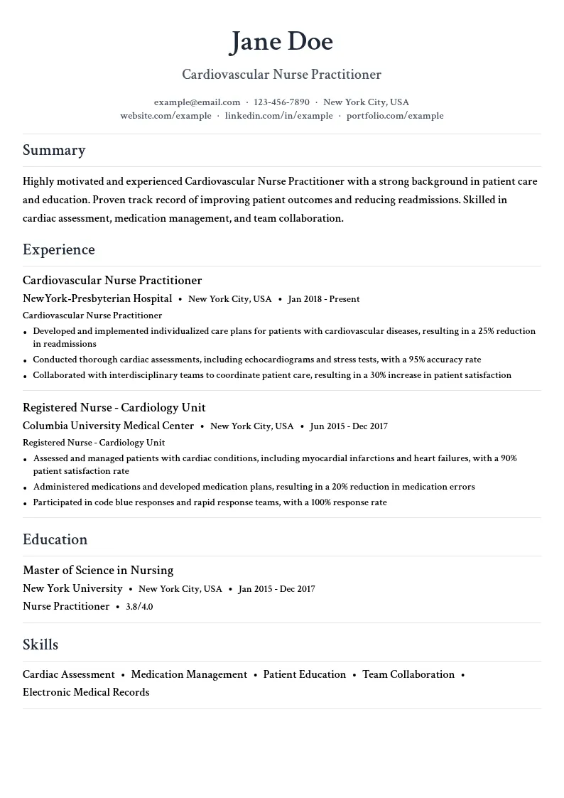 Cardiovascular Nursing resume example