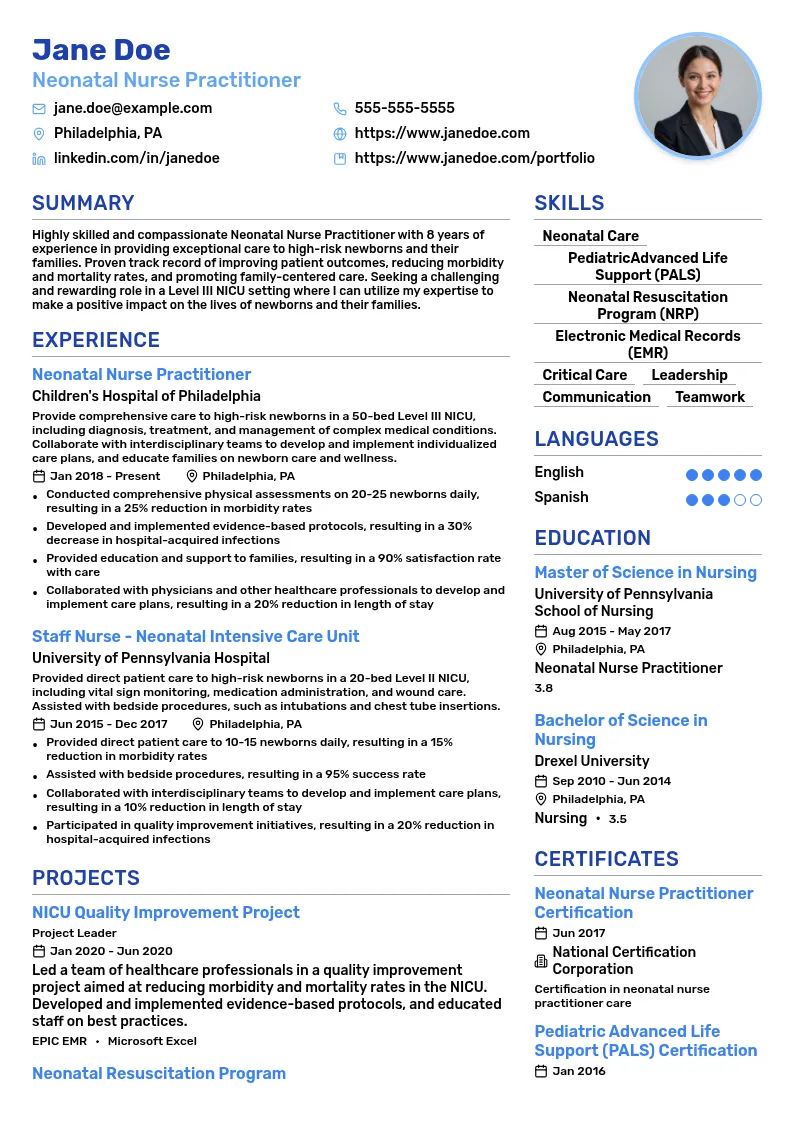 Neonatal Nursing resume example