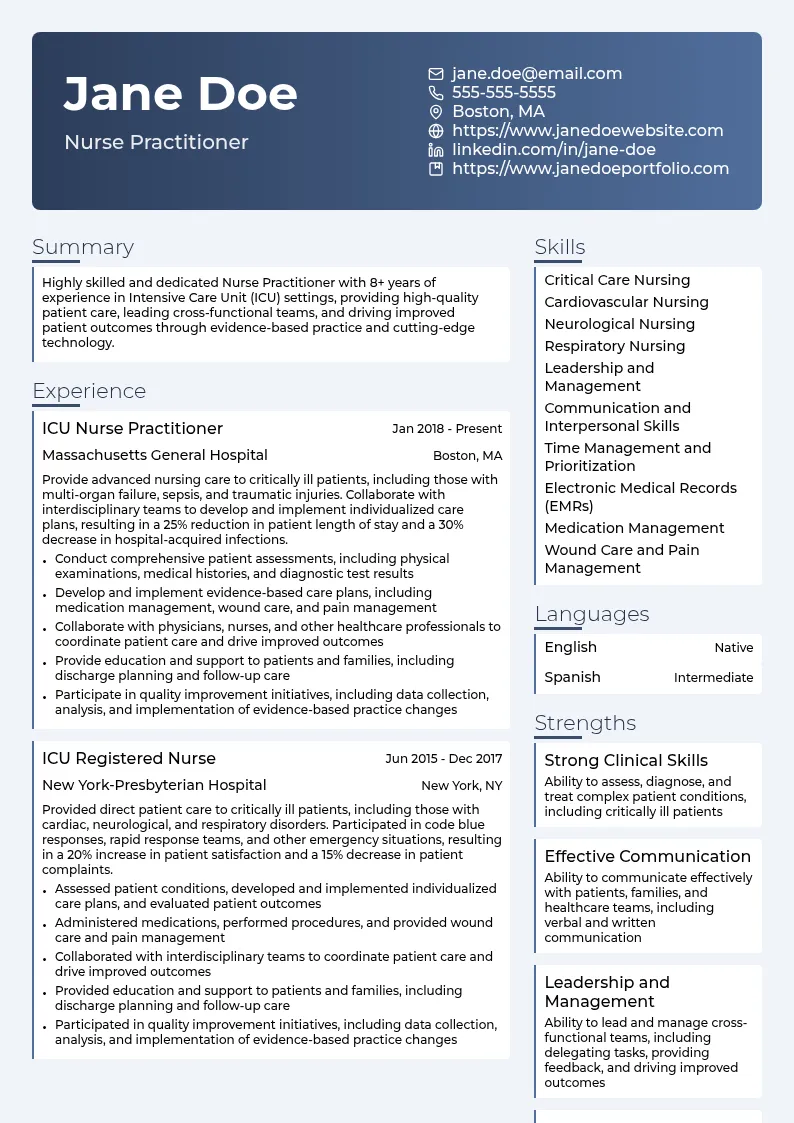 Intensive Care Unit (ICU) Nursing resume example