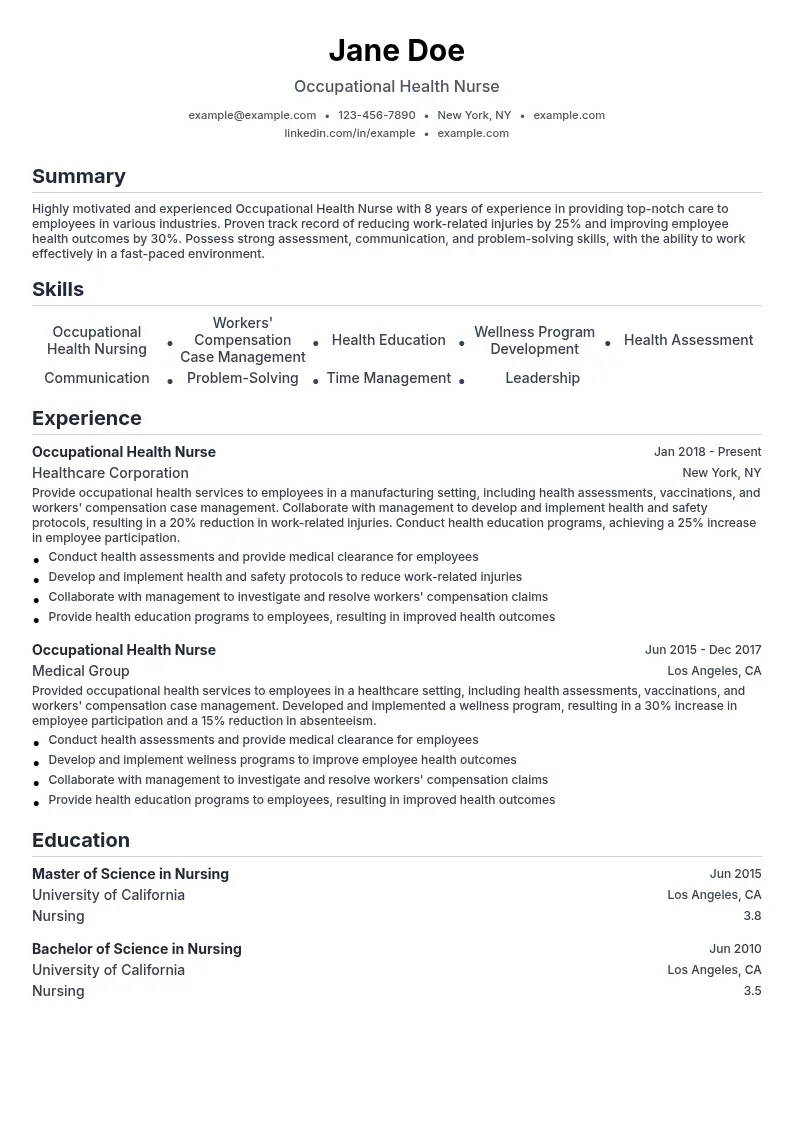Occupational Health Nursing resume example