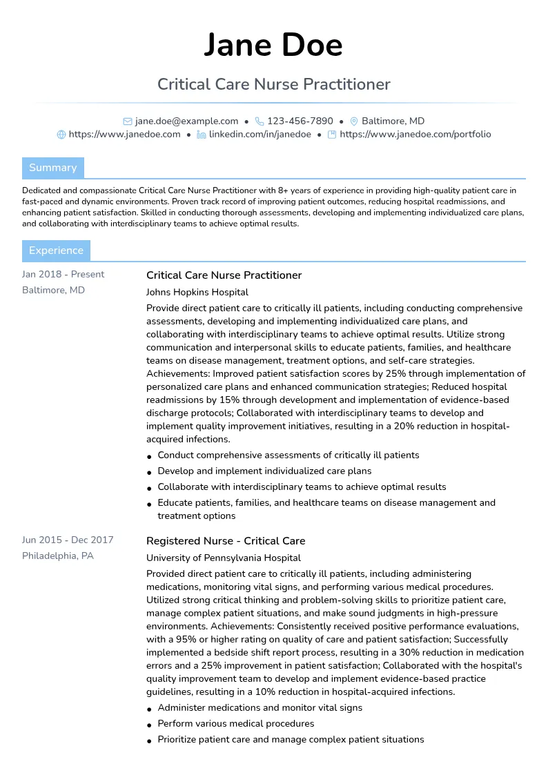 Critical Care Nursing resume example