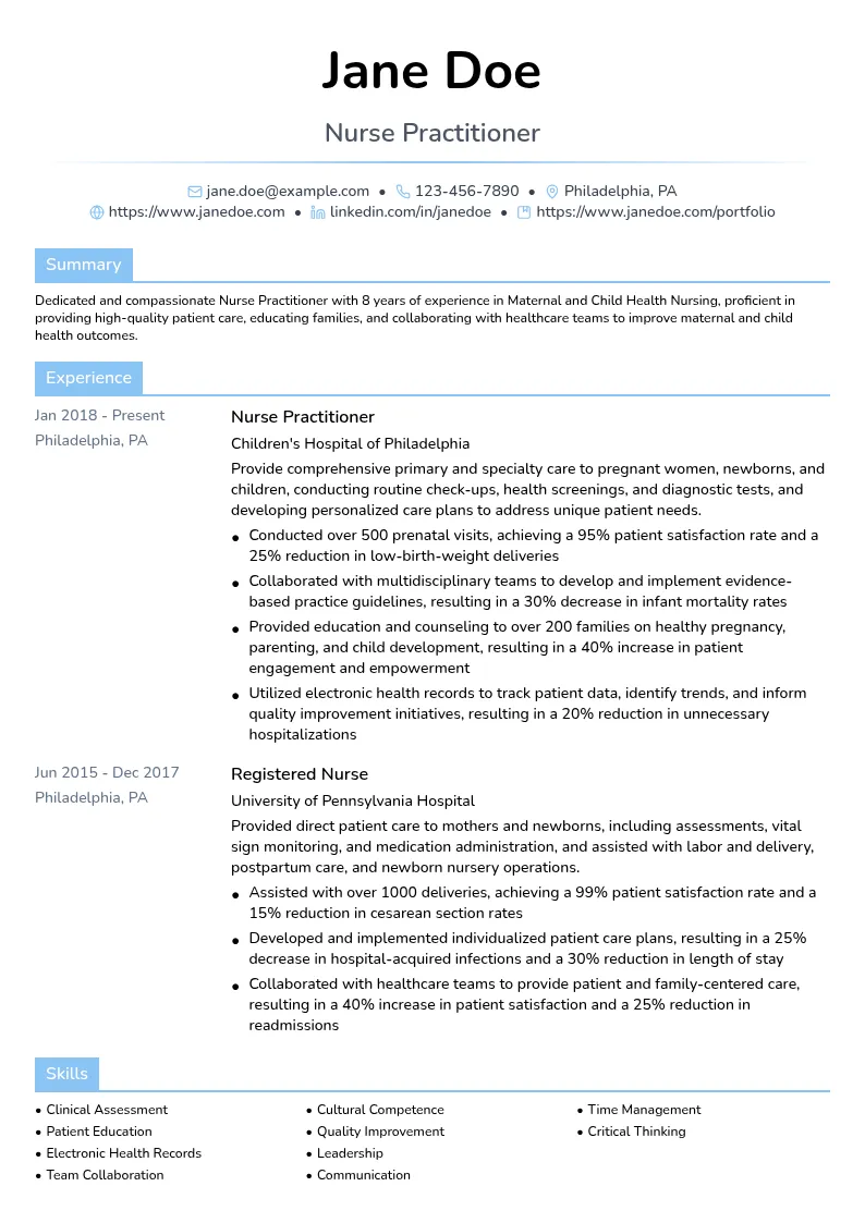 Maternal and Child Health Nursing resume example
