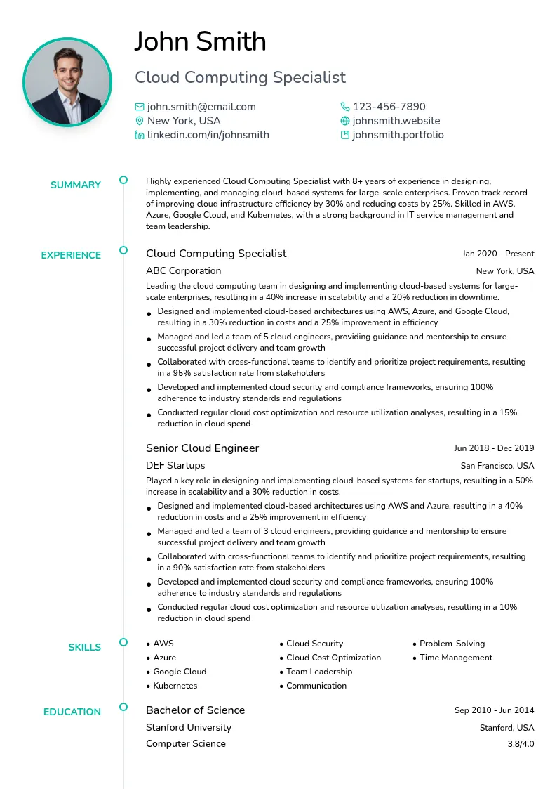 Cloud Computing Specialist resume example