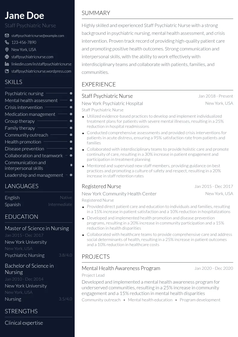 Staff Psychiatric Nurse resume example