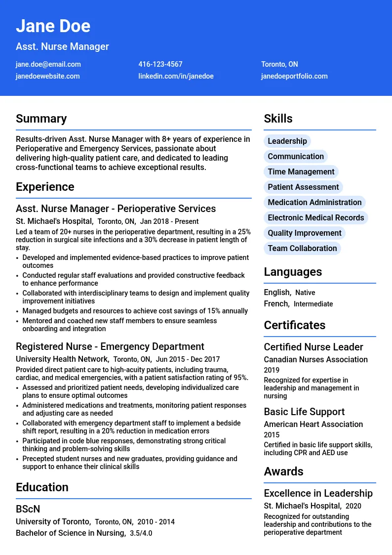 Asst. Nurse Manager Perioperative and Emergency Services resume example