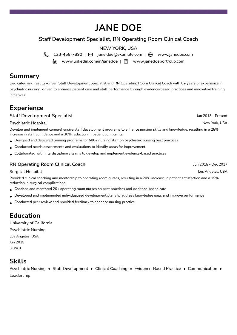 Staff Development Specialist DOPD”, “RN Operating Room Clinical Coach resume example