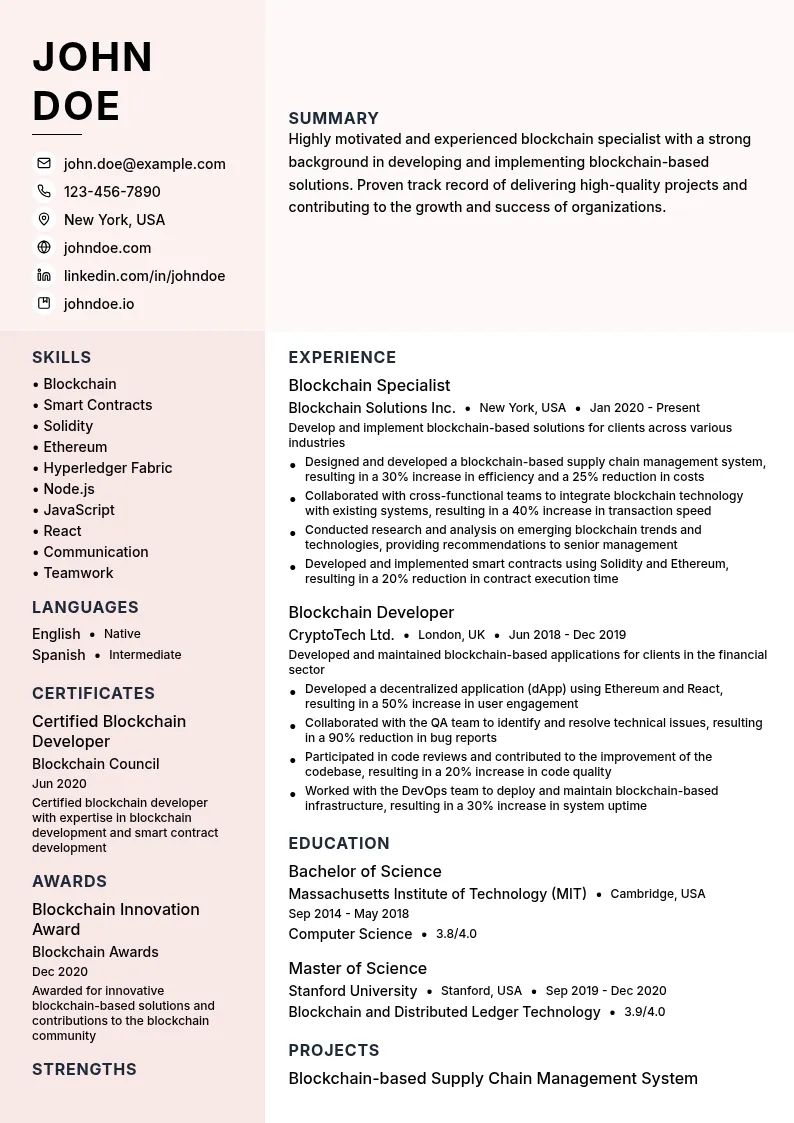 Blockchain Specialist resume example