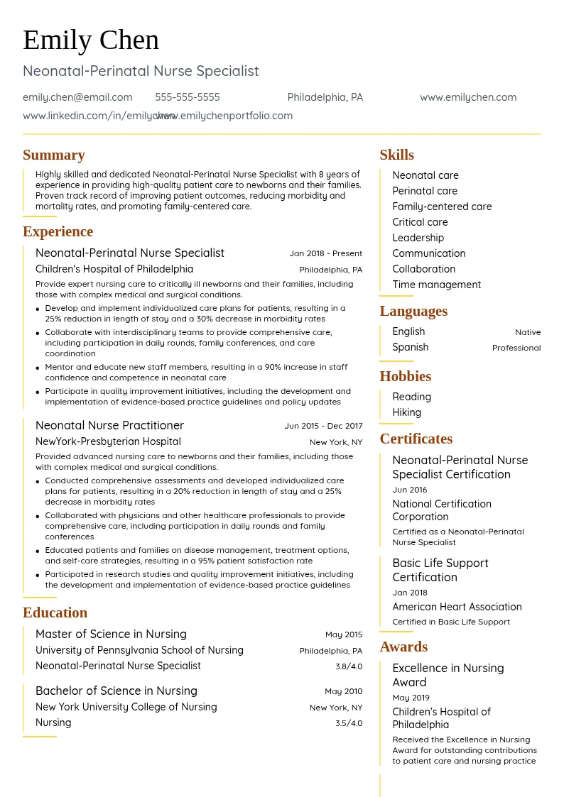 Neonatal-Perinatal Nurse Specialist resume example
