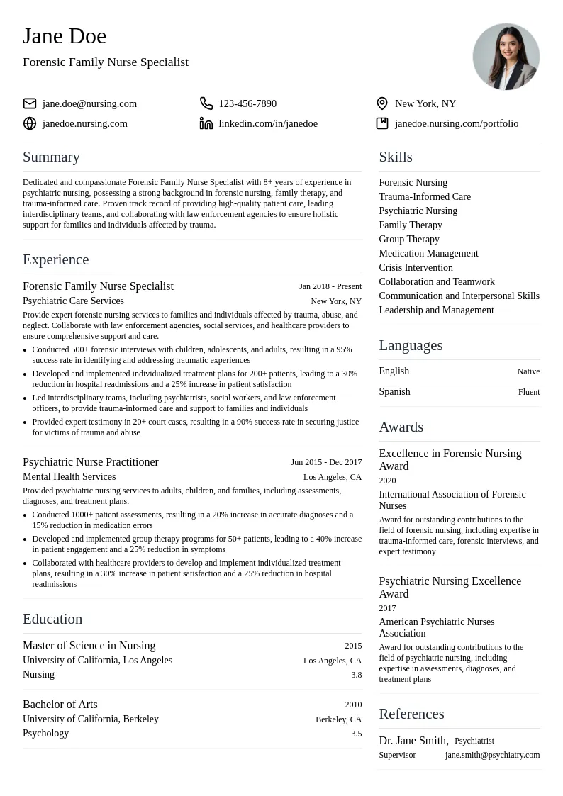 Forensic Family Nurse Specialist resume example