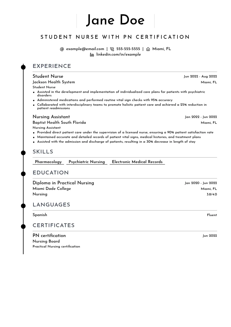 Student Nurse with PN certification resume example
