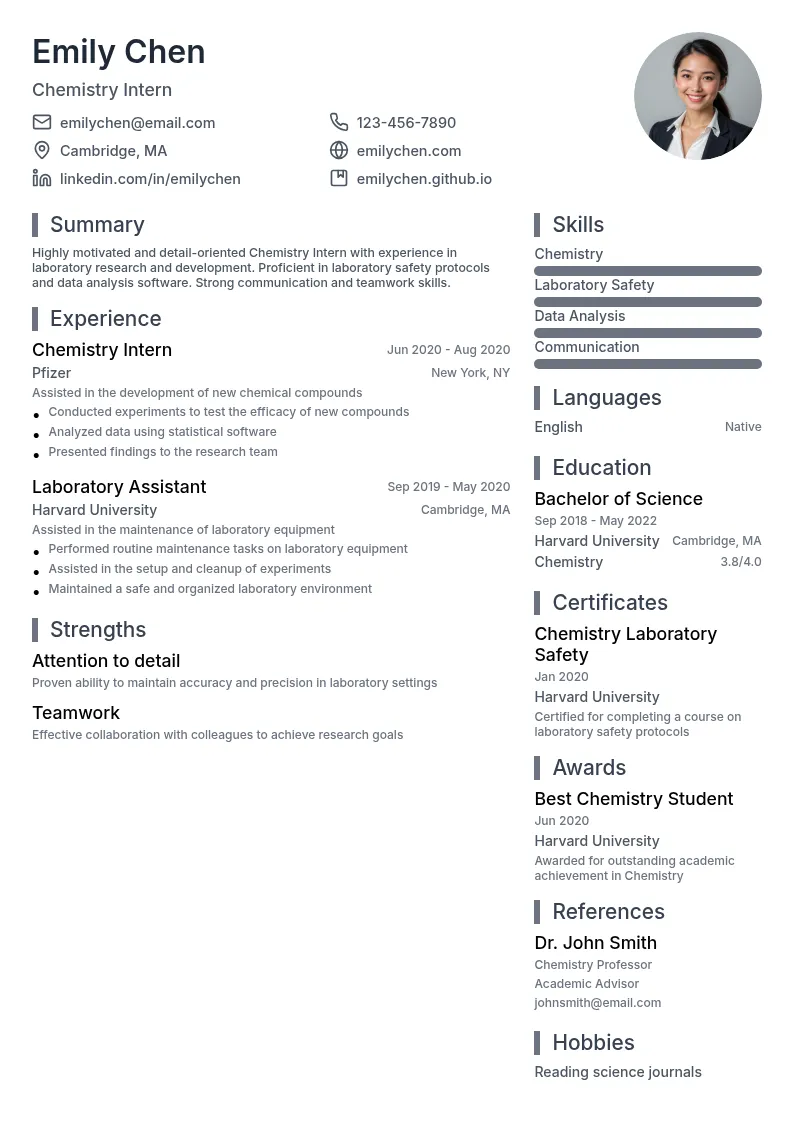 Chemistry Intern resume example