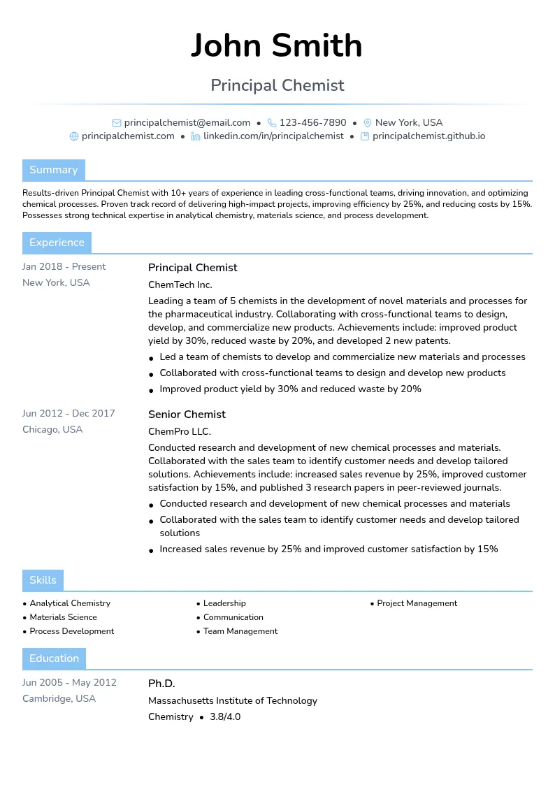 Principal Chemist resume example