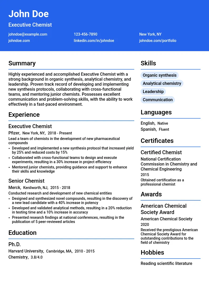 Executive Chemist resume example