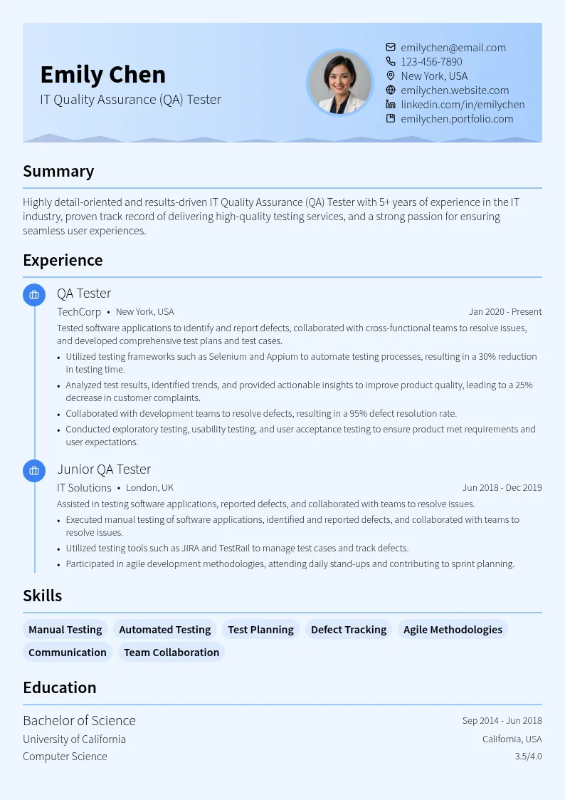 IT Quality Assurance (QA) Tester resume example