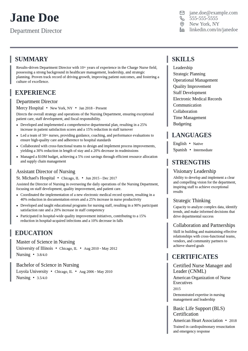 Department Director resume example