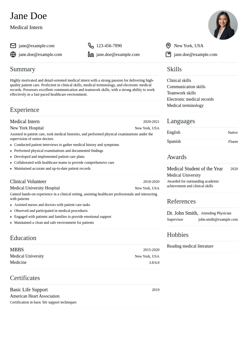Medical Intern resume example