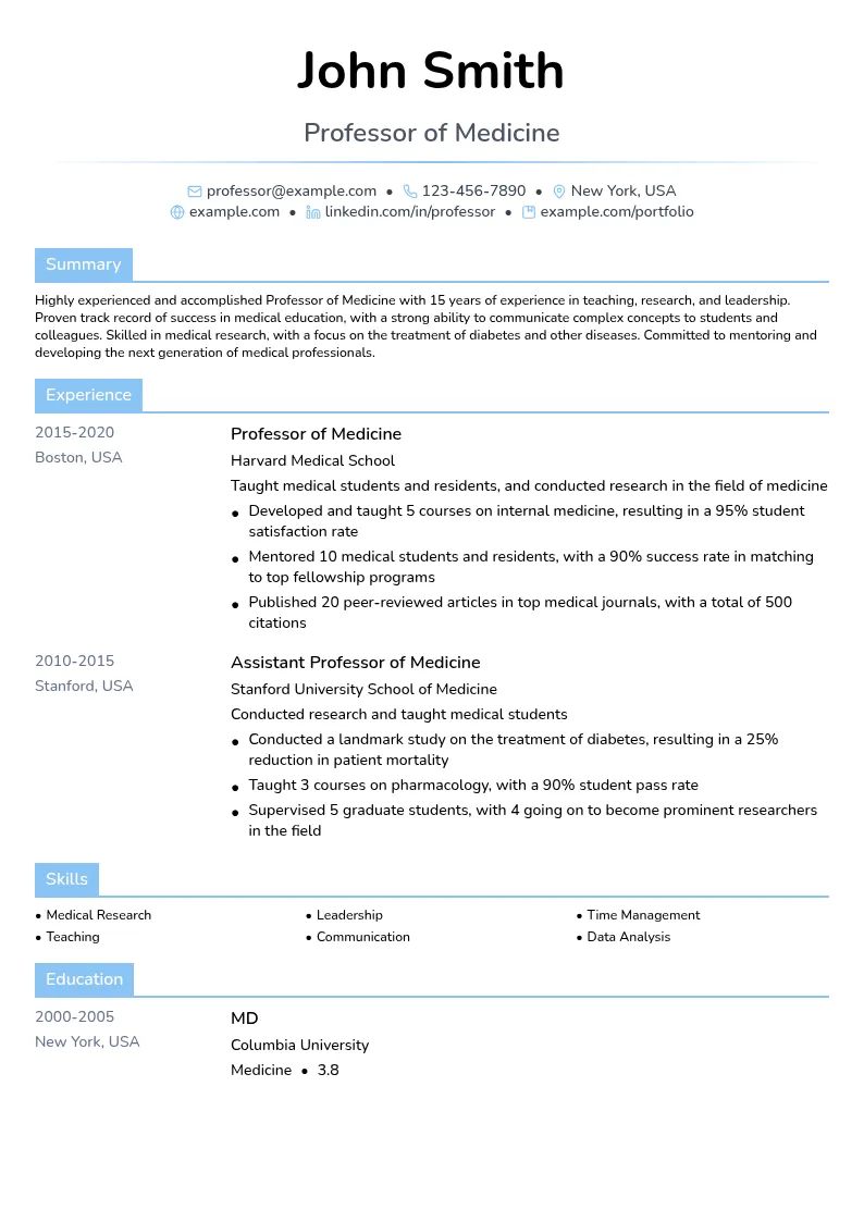 Professor of Medicine resume example