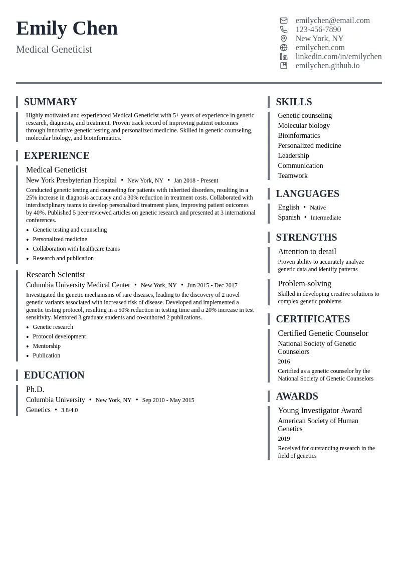 Medical Geneticist resume example