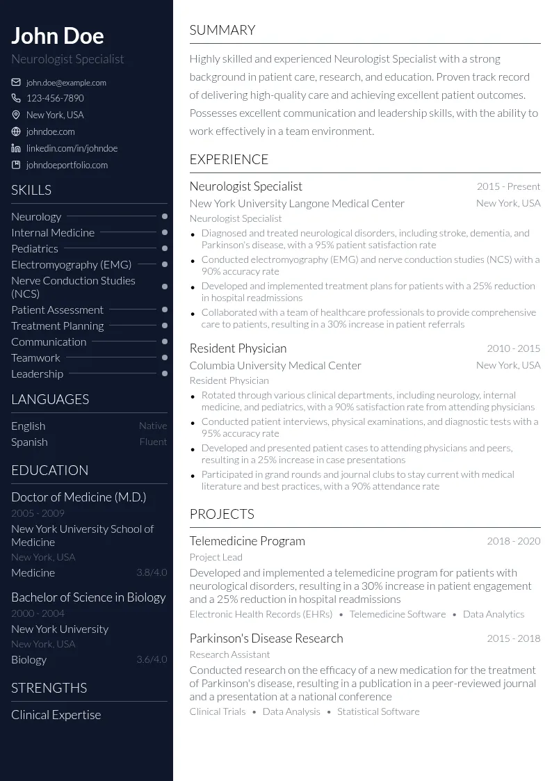 Neurologist Specialist resume example