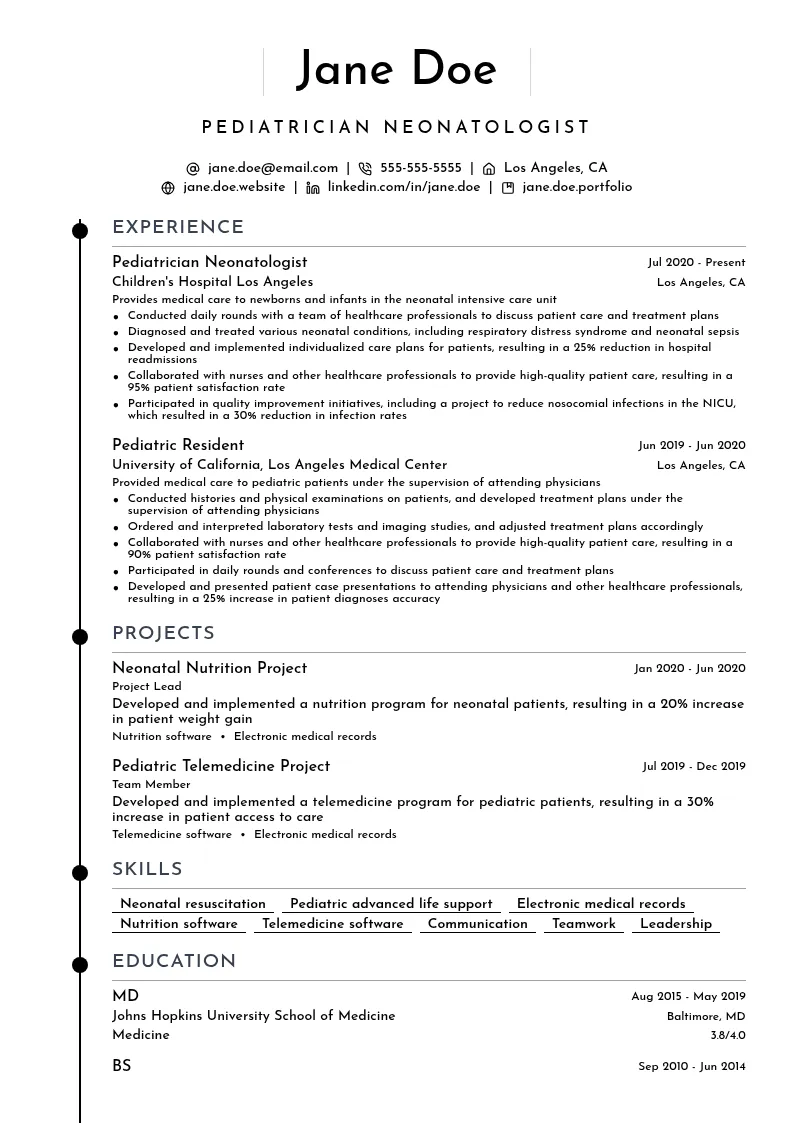 Pediatrician Neonatologist resume example
