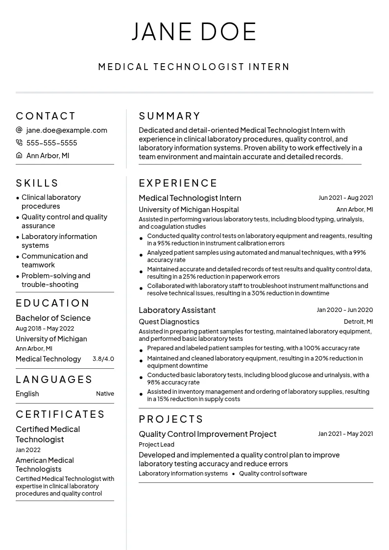 Medical Technologist Intern resume example