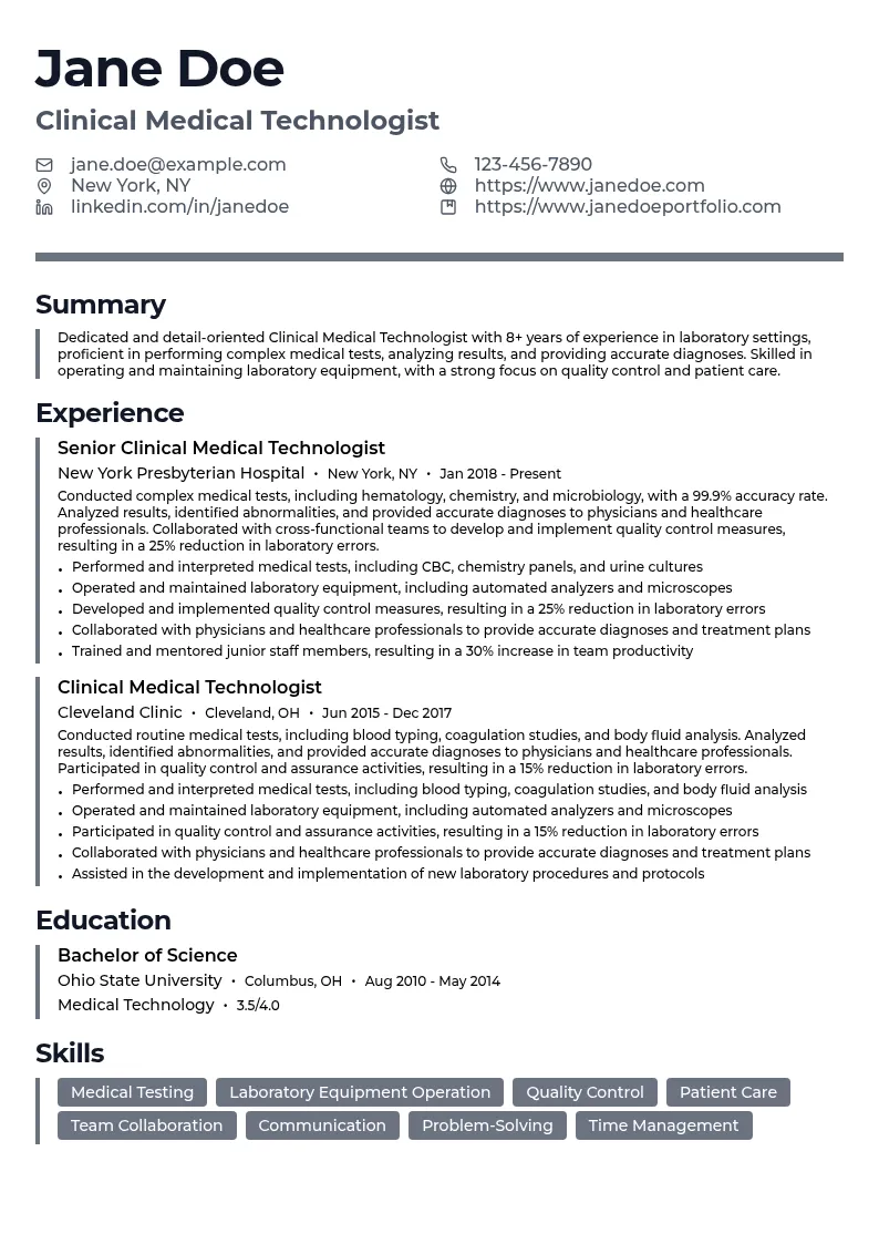 Clinical Medical Technologist resume example