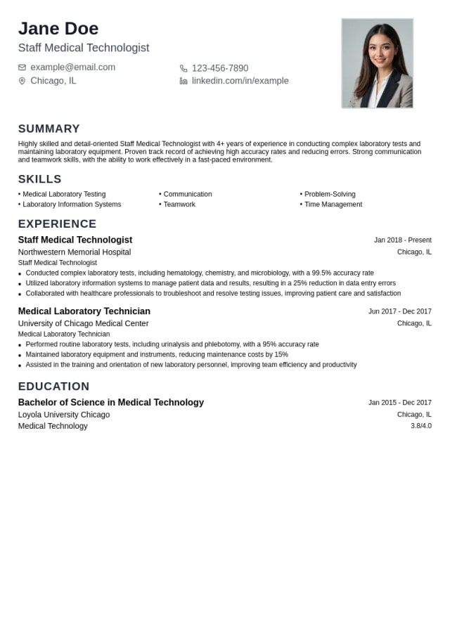 Staff Medical Technologist resume example