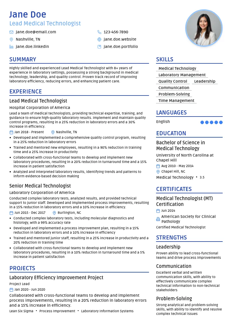 Lead Medical Technologist resume example