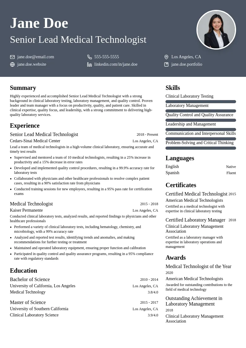 Senior Lead Medical Technologist resume example