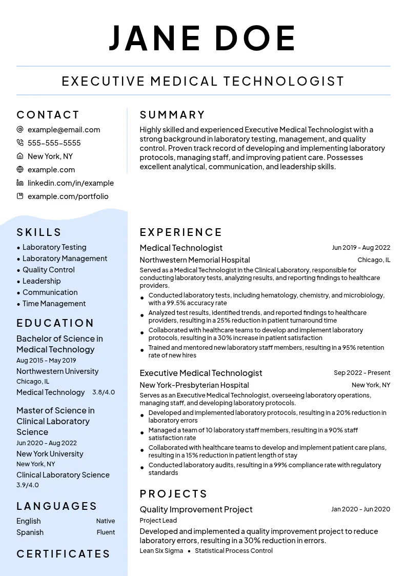 Executive Medical Technologist resume example