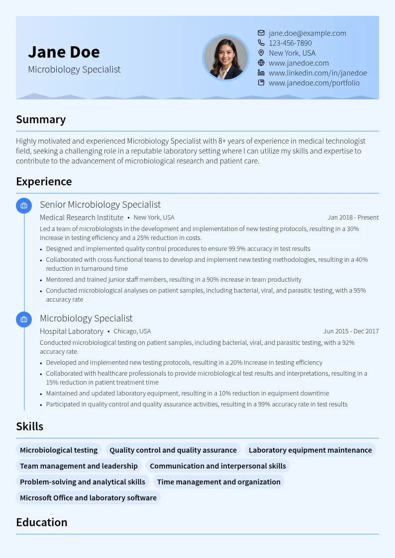 Microbiology Specialist resume example