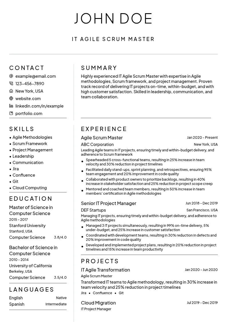 IT Agile Scrum Master resume example