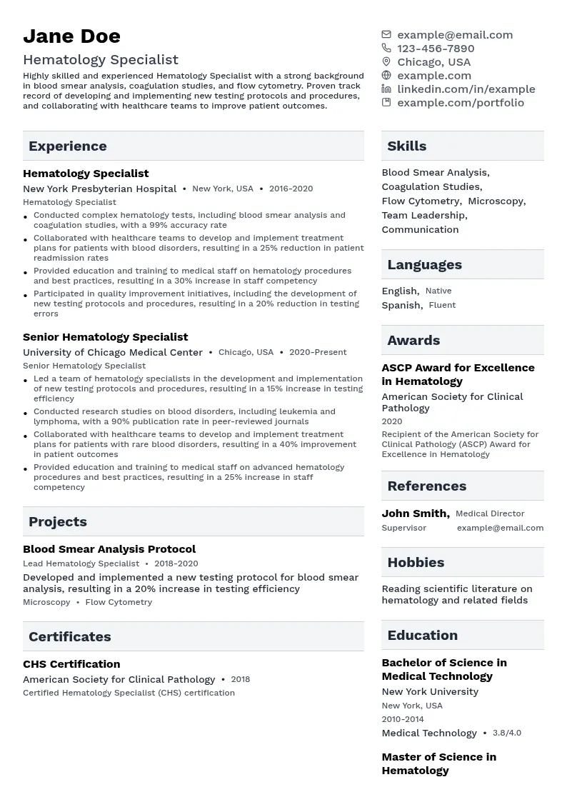 Hematology Specialist resume example