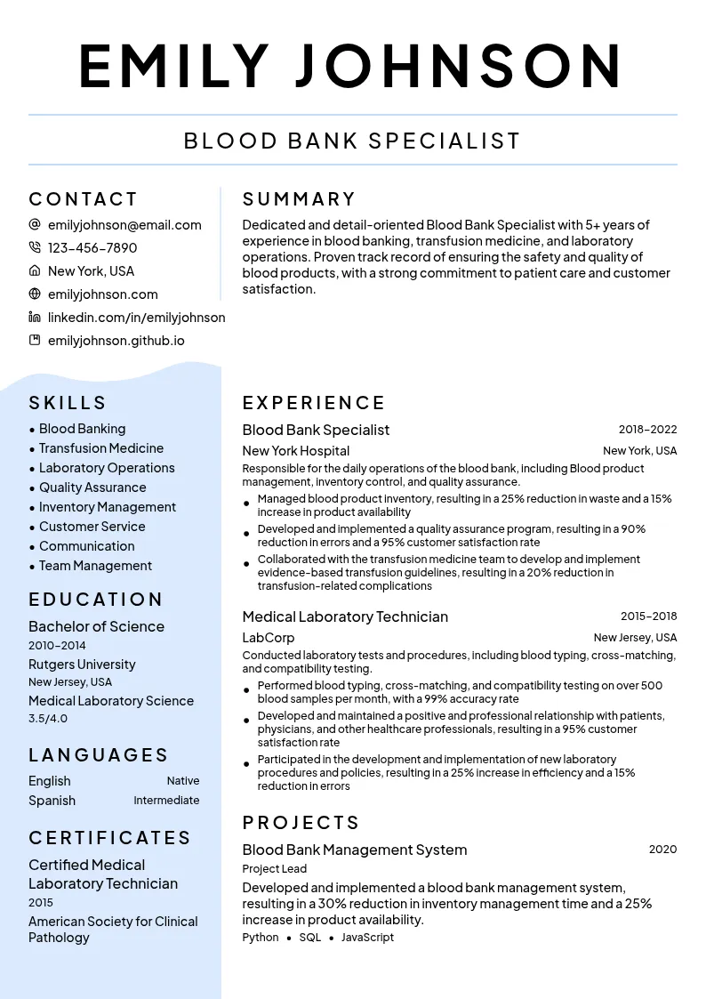 Blood Bank Specialist resume example