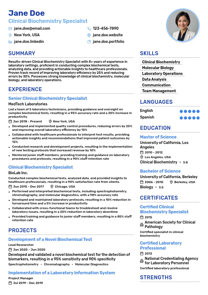 Clinical Biochemistry Specialist resume example