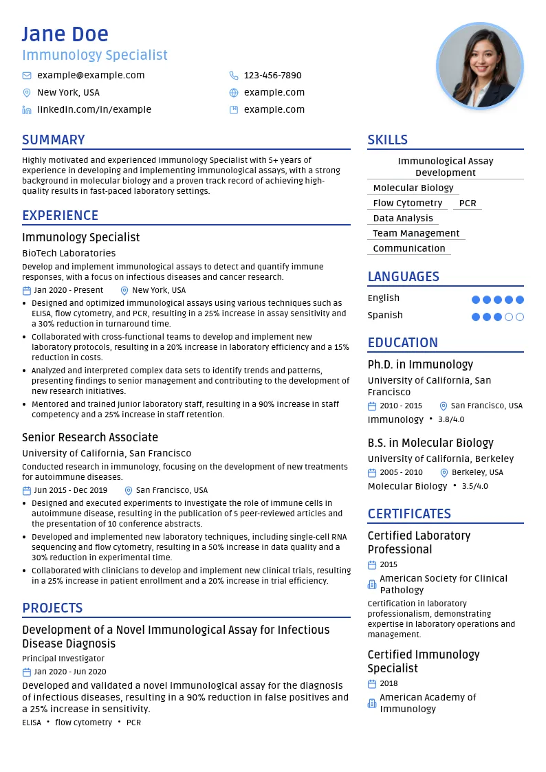 Immunology Specialist resume example