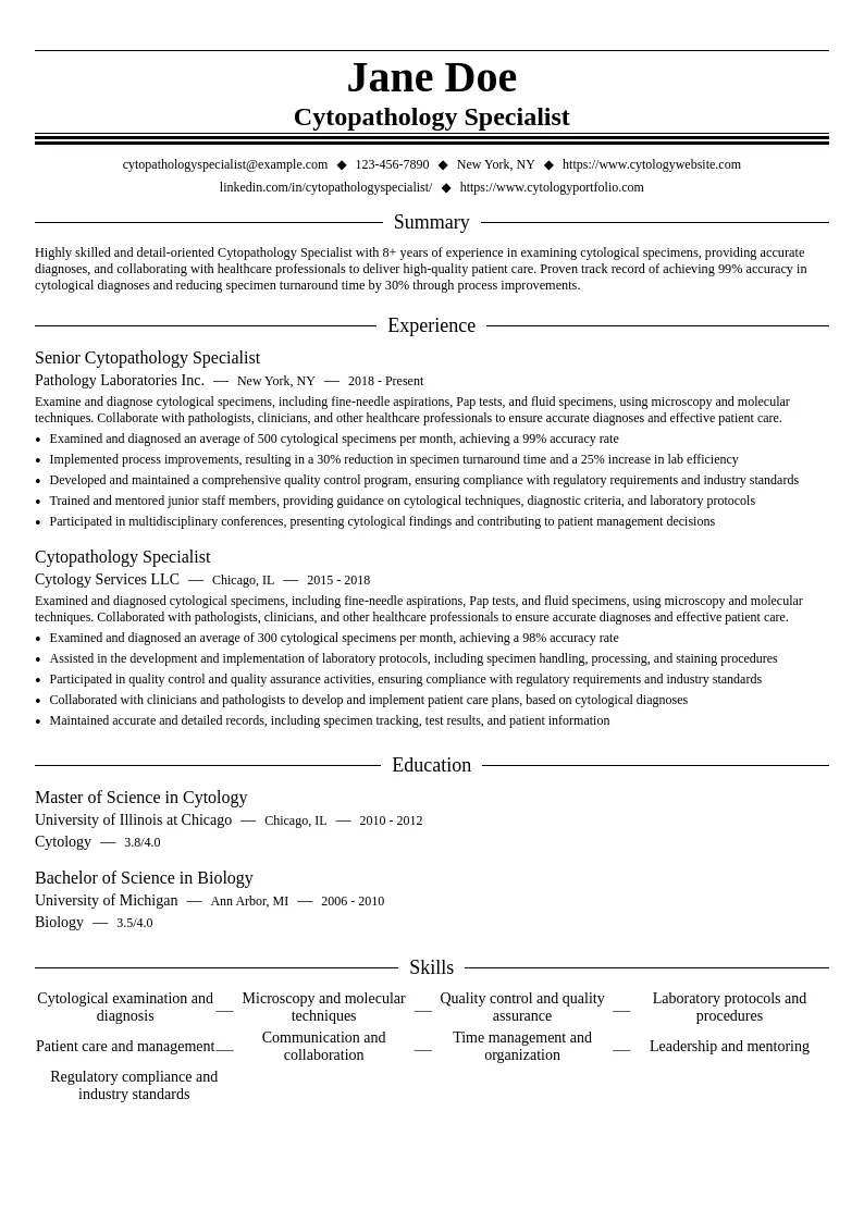 Cytopathology Specialist resume example