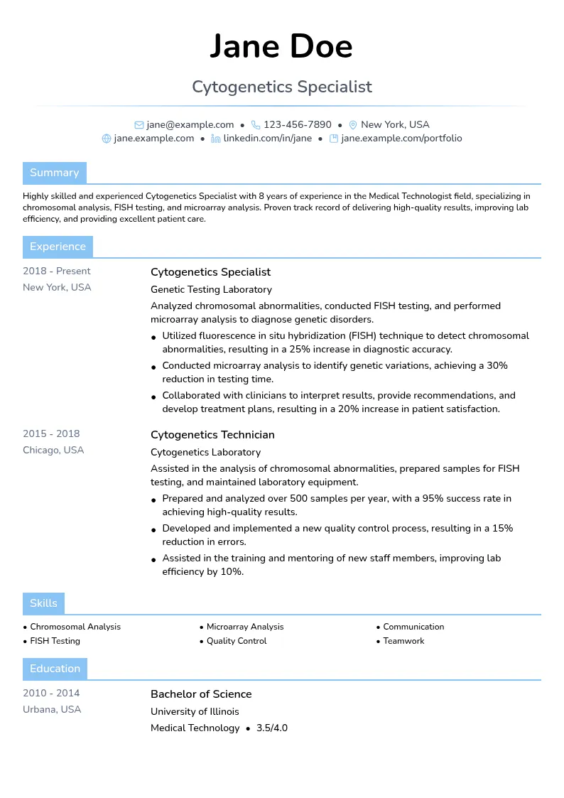 Cytogenetics Specialist resume example