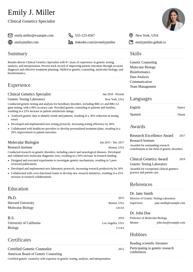 Clinical Genetics Specialist resume example