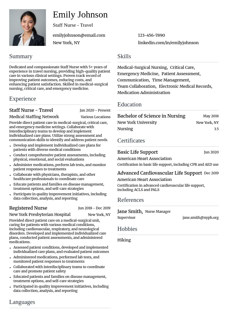 Staff Nurse - Travel resume example