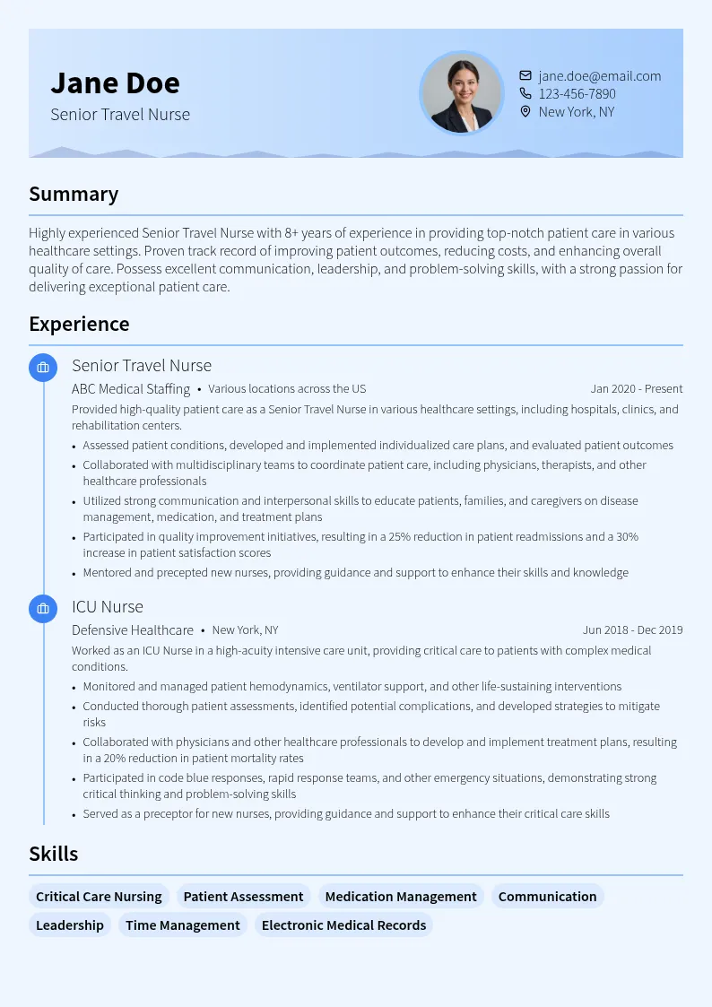 Senior Travel Nurse resume example