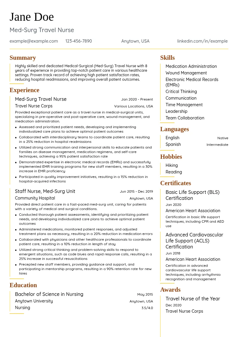 Medical-Surgical (Med-Surg) Travel Nurse resume example