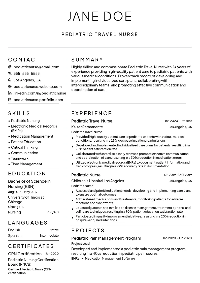 Pediatric (Ped) Travel Nurse resume example