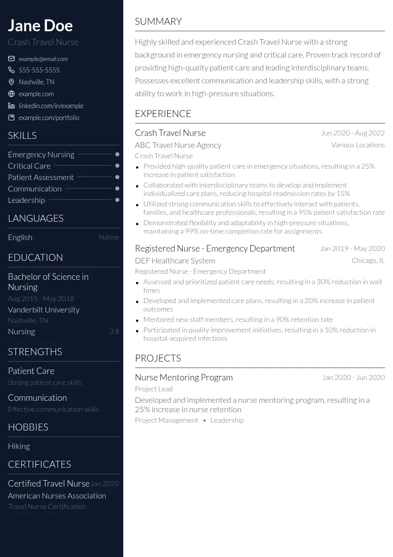 Crash Travel Nurse resume example